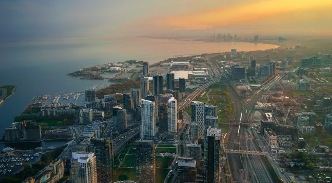 Toronto skyline at sunset looking west from Spadina to Humber, including Exhibition and Liberty Village