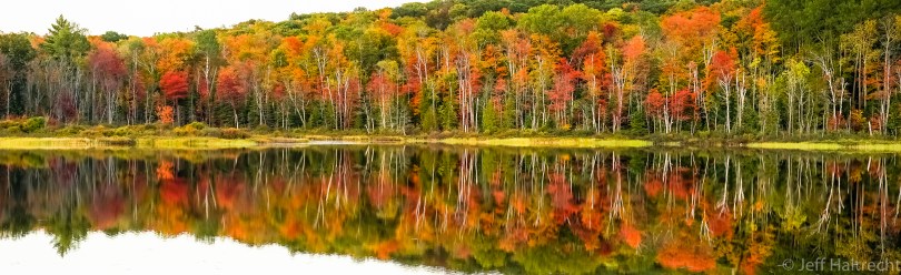 fall colors mirrored on echo lake, lake of bays township, muskoka, ontario, canada