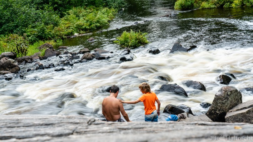 son dad moment arrowhead provincial park waterfall
