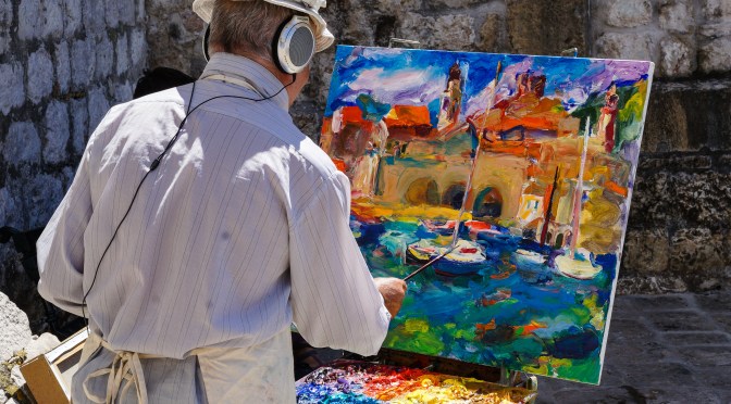 Painting the marine harbour, oil on canvas, Dubrovnik, Croatia