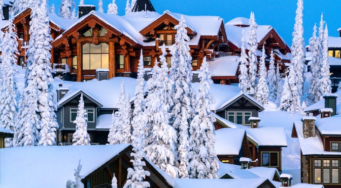 Skier lodges at Big White Mountain, tucked in between the Okanagan Highlands and Monashee Mountains, British Columbia